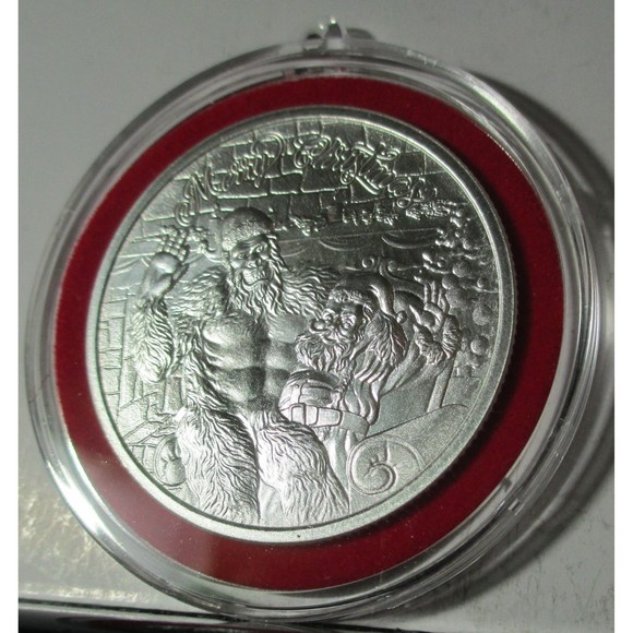 Bigfoot & Santa Claus 1 Troy Ounce .999 Fine Silver Art Round Medallion Ornament - Picture 1 of 7